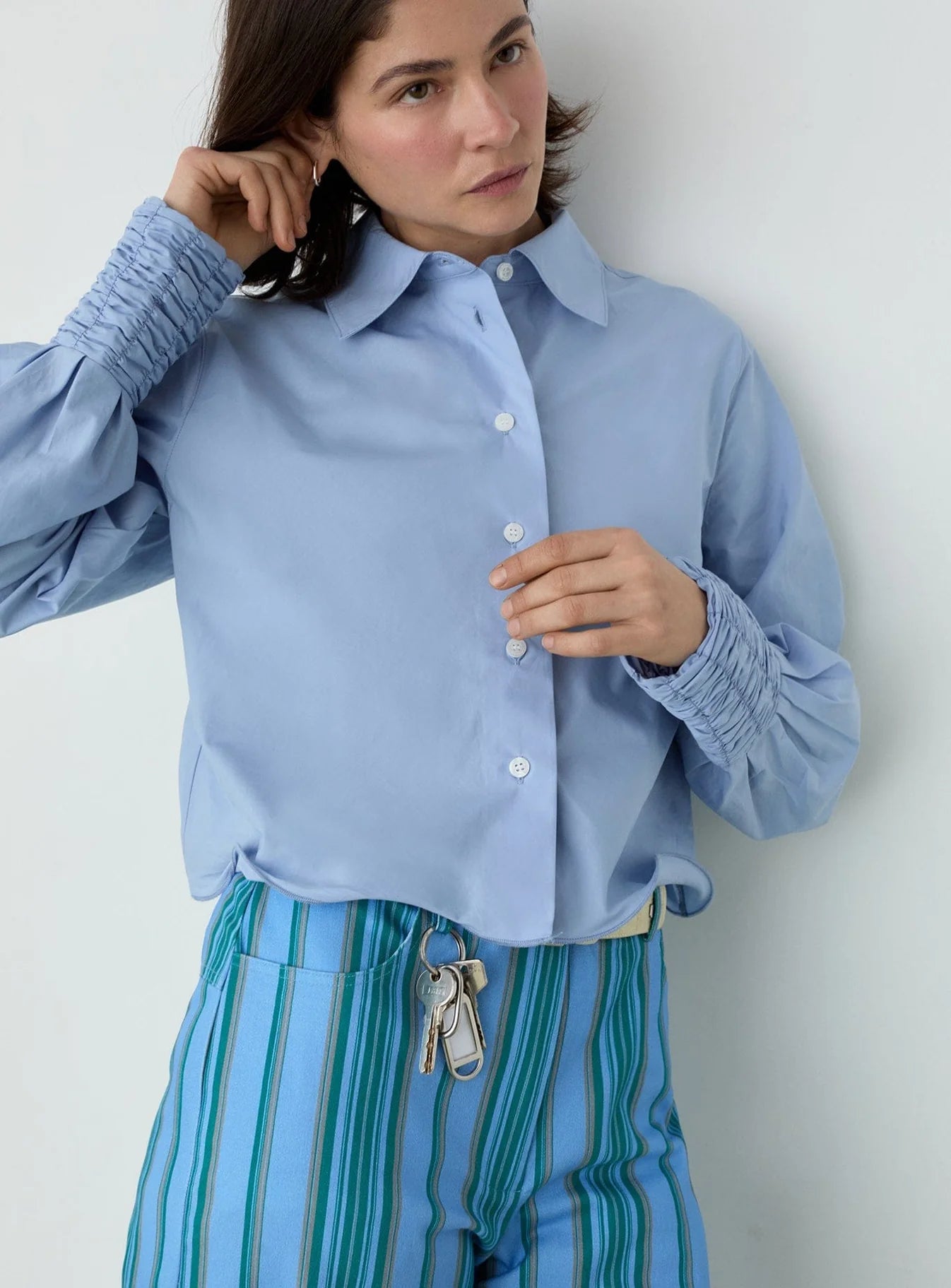 Roxane blue ruched blouse