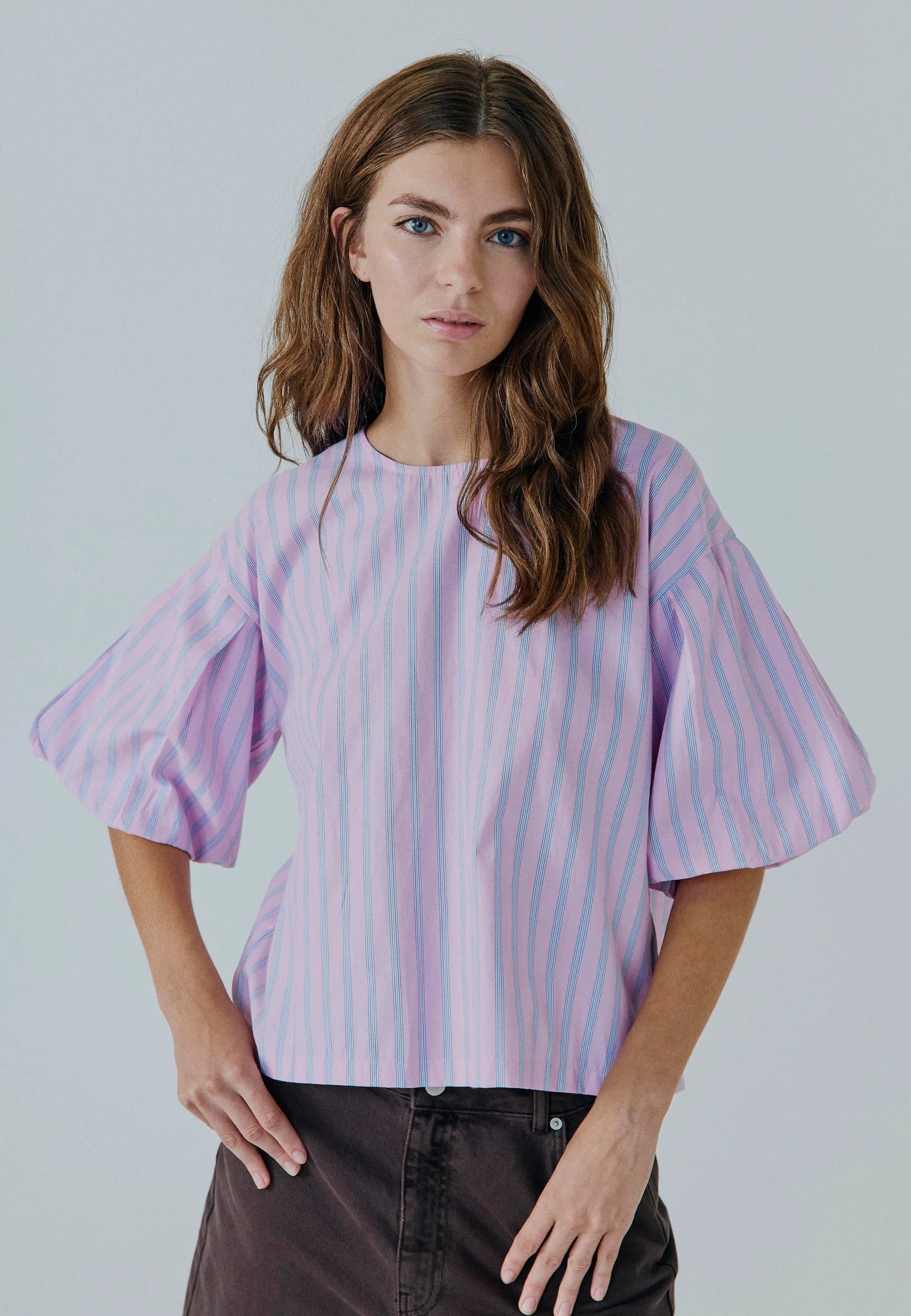 Emily ss top blue pink stripe