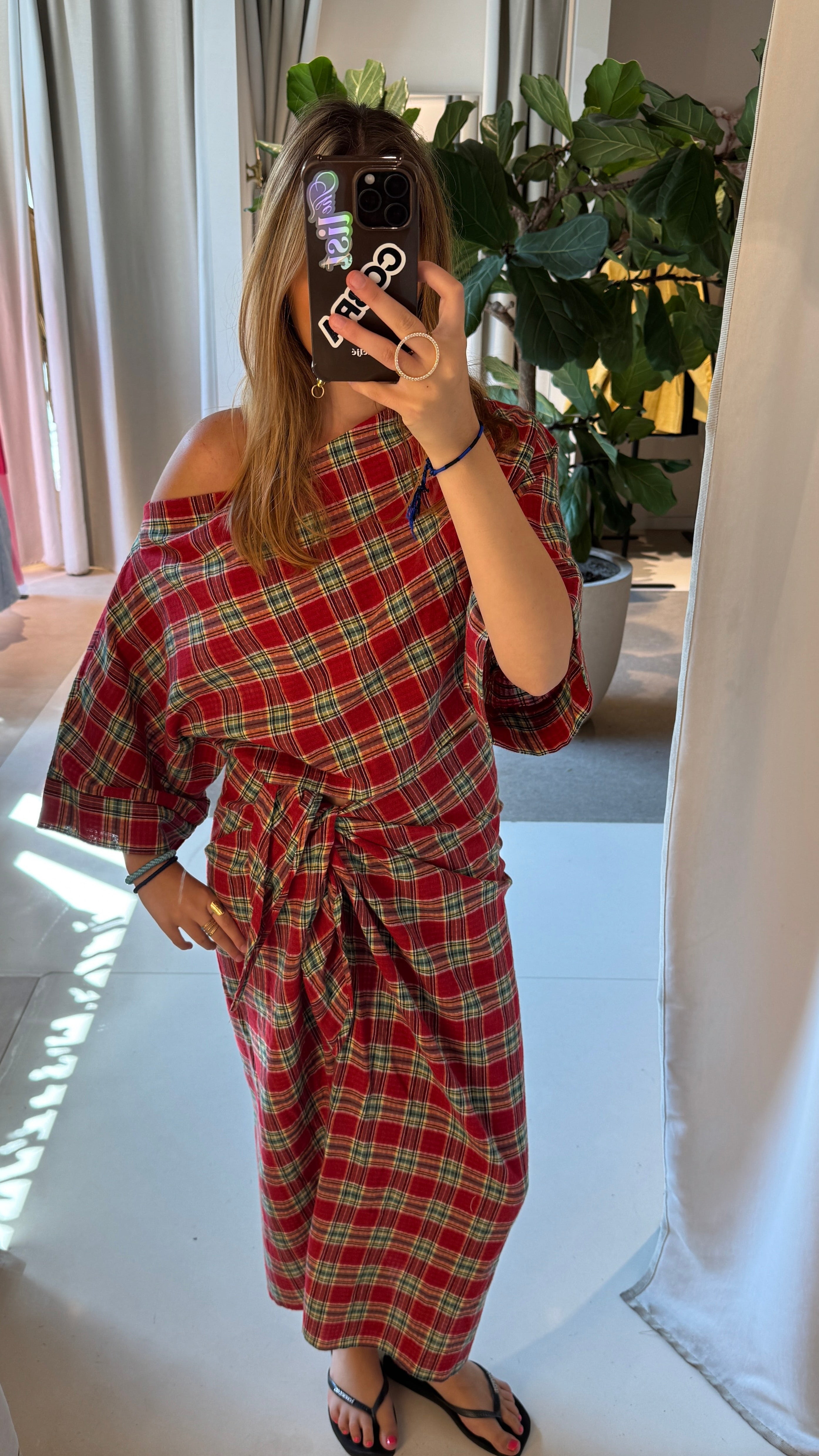 Luna off shoulder blouse red checks