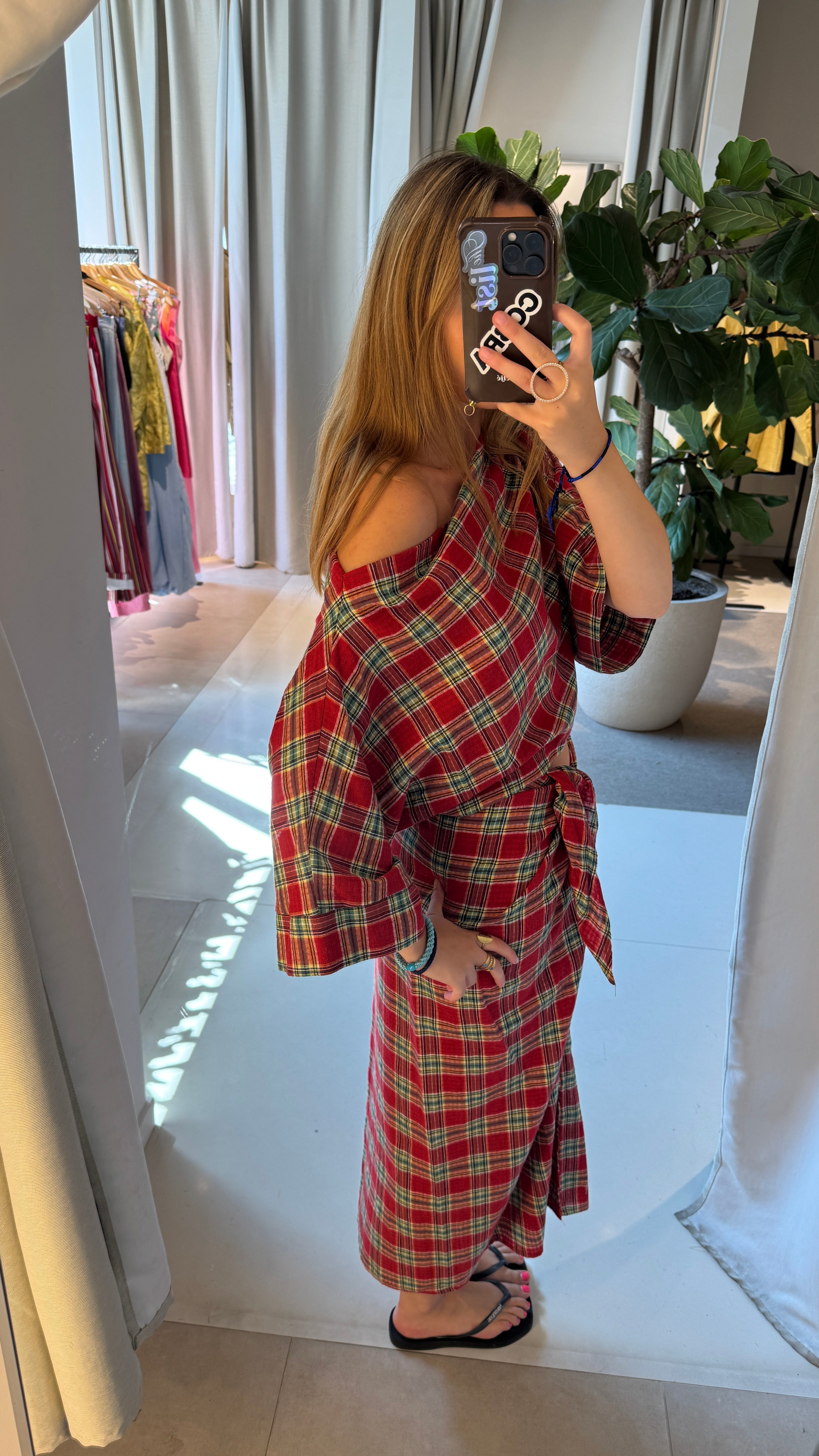 Luna off shoulder blouse red checks
