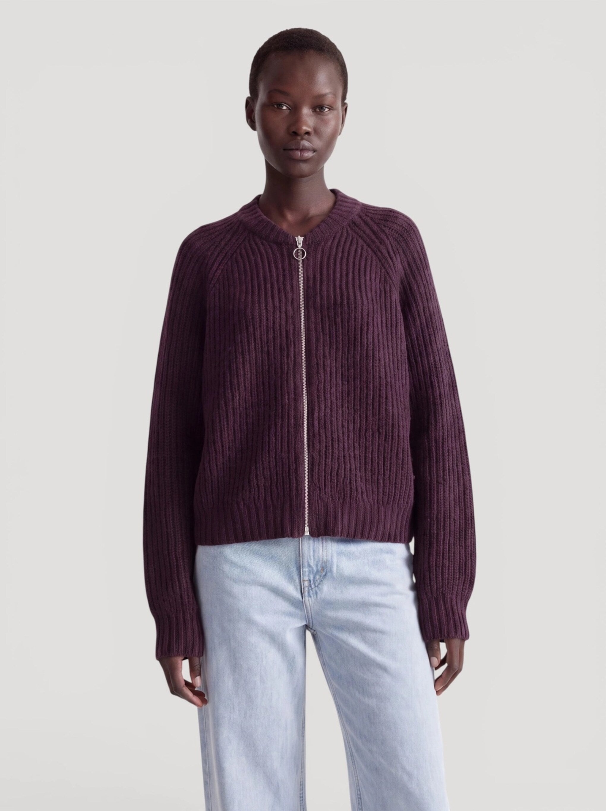 rani bomber cardigan prune purple