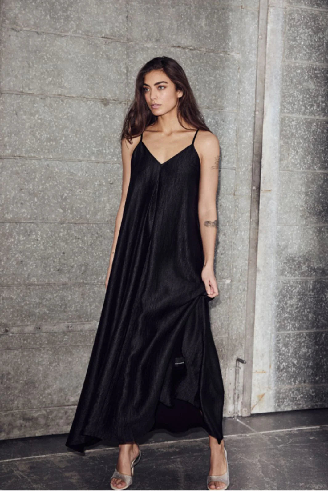 Corsica pleat strap dress black