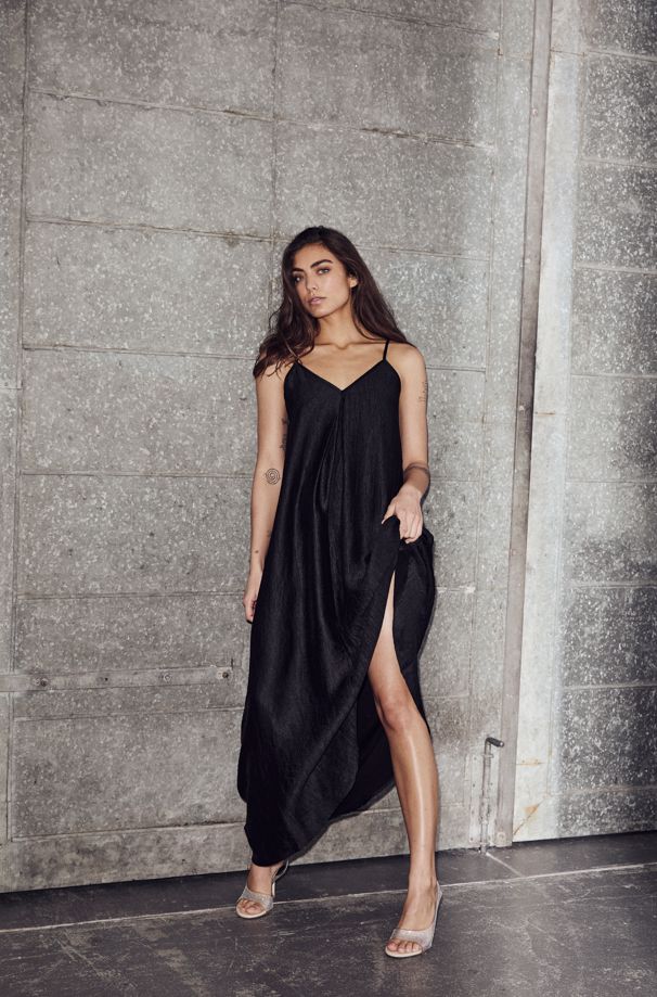 Corsica pleat strap dress black